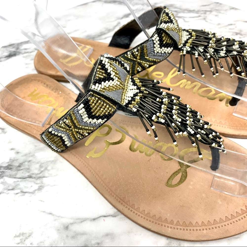 Sam Edelman Anella Beaded Fringe Flip Flops 7.5 Geometric Bohemian Western Artsy - Picture 13 of 16